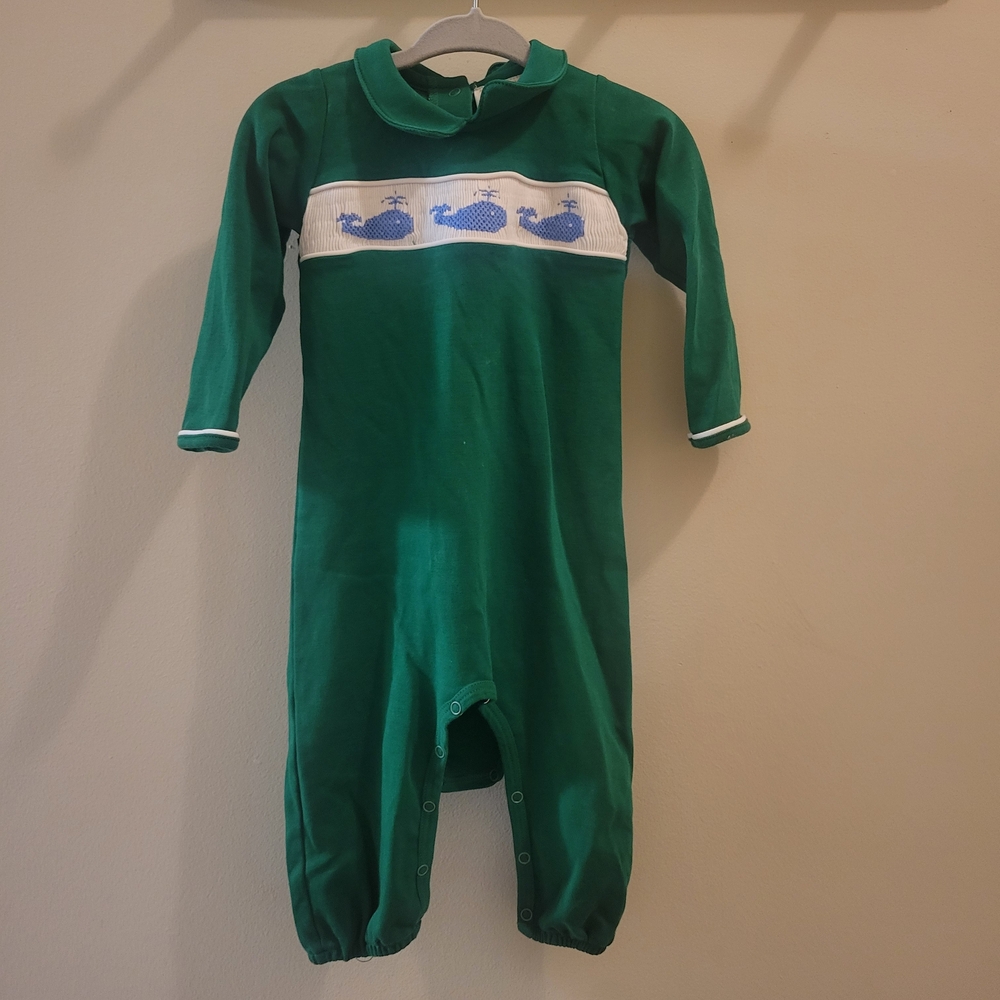 The Beaufort Bonnet Company Green Smocked Whale Coveralls